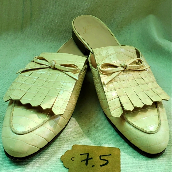 J Crew Leather Croc Embossed Loafer Mules
